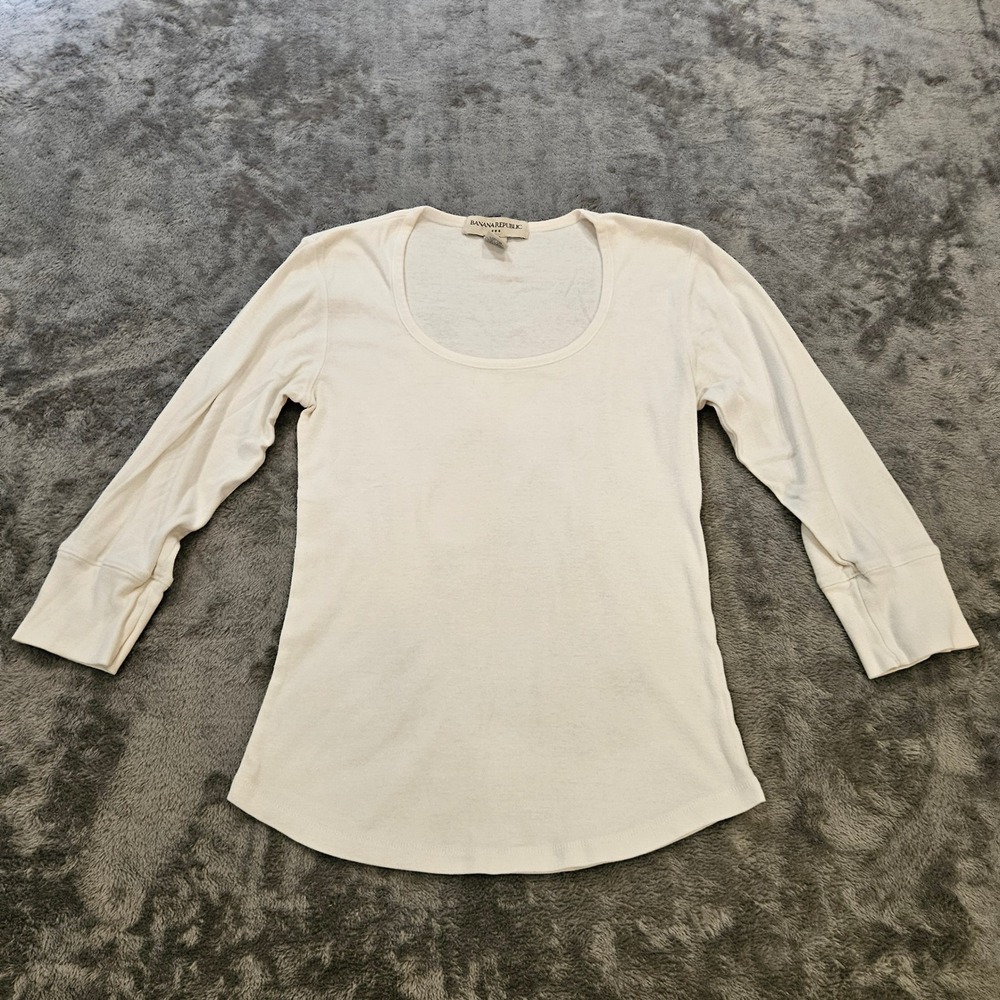 Banana Republic Cream Scoop Neck 3/4 Sleeve Top Cotton Modal Ribbed Knit Medium